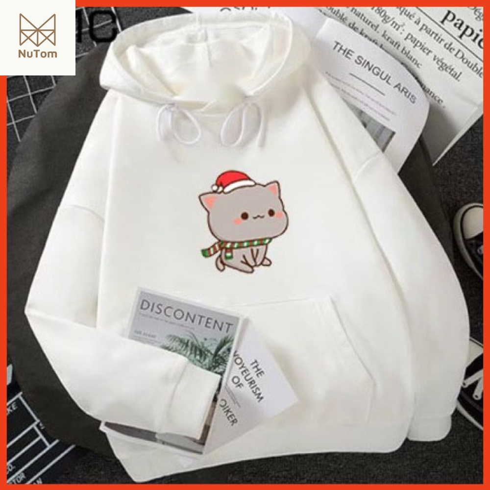 Nhiều Mẫu: Áo Hoodie Nữ Unisex NuTom Official Có Mũ Dễ Thương, Áo Nỉ Thu Đông Nữ Chất Nỉ Ấm Áp Mềm Mại In Chibi Mèo Noel