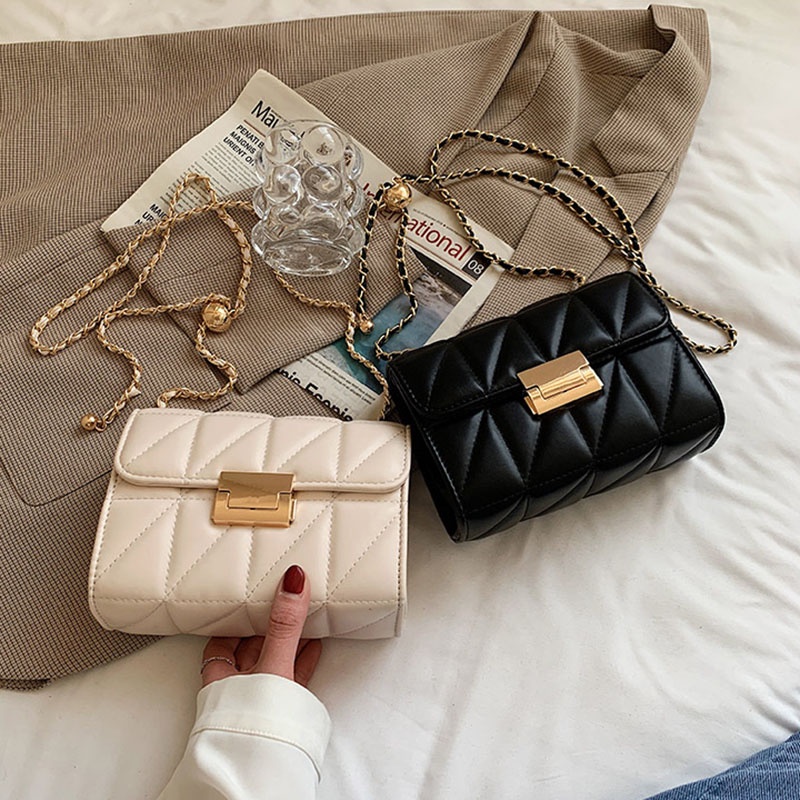 Túi Đeo Chéo Dây Xích Hình Thoi Nhỏ Màu Vàng Phong Cách Hàn Quốc Cho Nữ