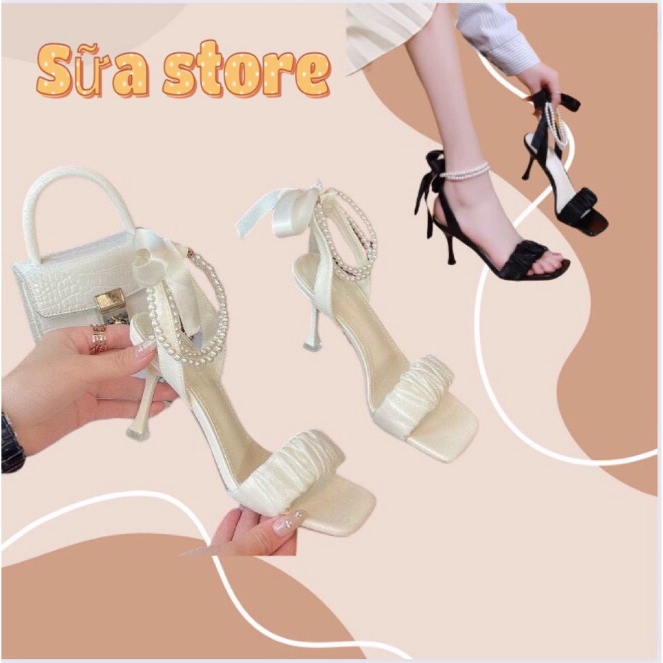 Giày cao gót thăt nơ quai ngọc 7 phân, sandal nữ gót nhọn 2 màu đen, trắng phối xếp ly cực xinh