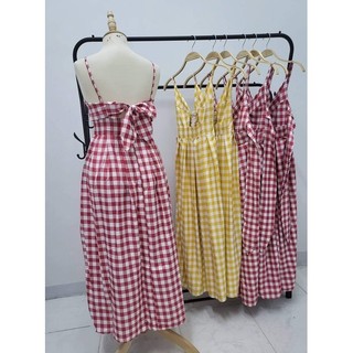 Đầm maxi dây lụa sọc caro