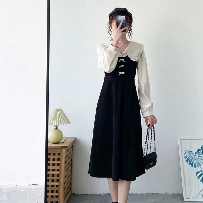 IELGY IELGY Đầm Tay Dài Cổ Chữ v plus size Phong Cách retro Dành Cho Nữ