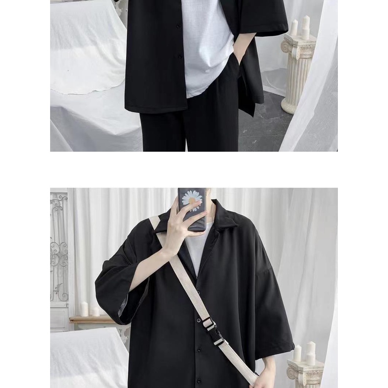 Áo Sơ Mi Nam Dài Tay Màu Đen Dáng Rộng Phong Cách Đường Phố Nhật Hàn Cá Tính