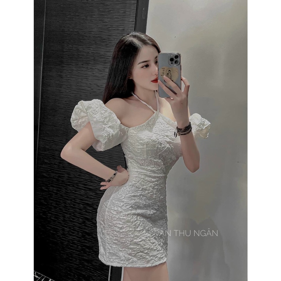 [12/12 Sale Freeship] Đầm tiểu thư nữ chất gấm,đầm cổ yếm rớt vai tay ngắn bồng chất gấm dập hoa nổi dáng chữ A dx