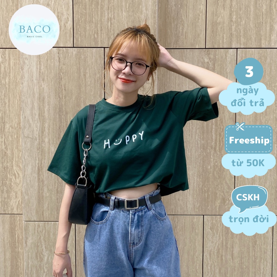 Áo croptop nữ freesize BACO in chữ HAPPY tay lỡ - vải cotton premium cao cấp