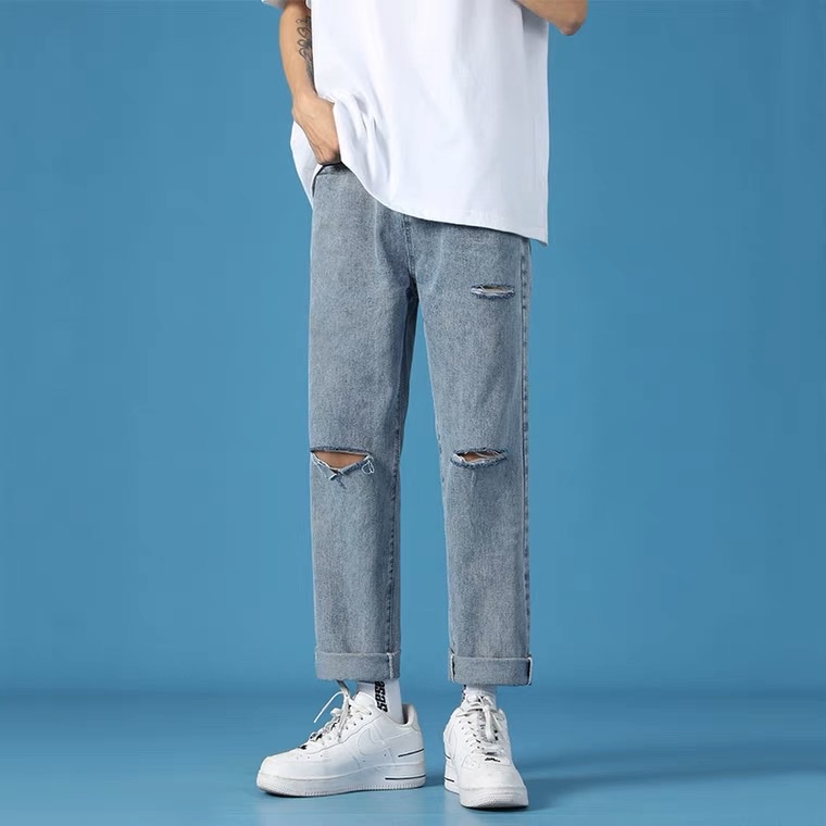 Quần jean đen rách gối chất bò dáng xuông đứng Xây Clothes. Quần baggy nam, jeans, ống suông rộng Hottrend