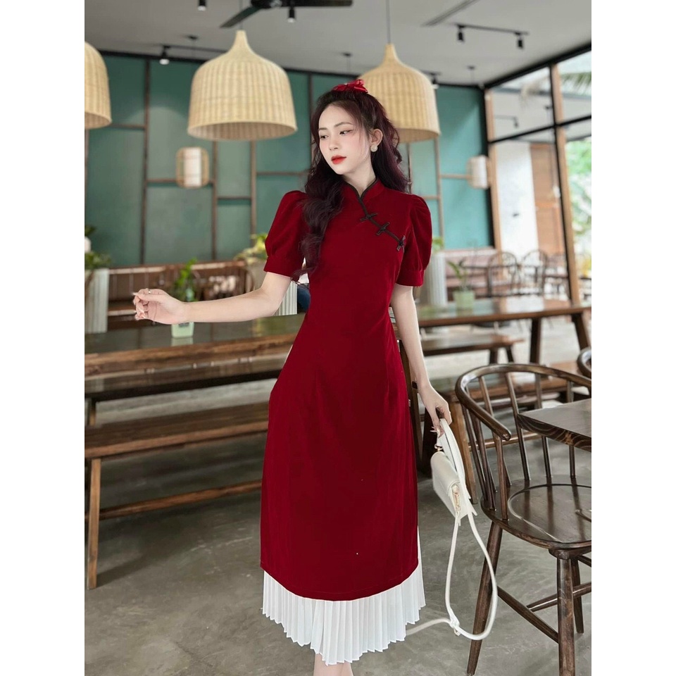 Set Bộ Nữ Cách Tân Chất Nhung Ngắn Tay Kết Hợp Váy Trong Lụa Dập Ly
