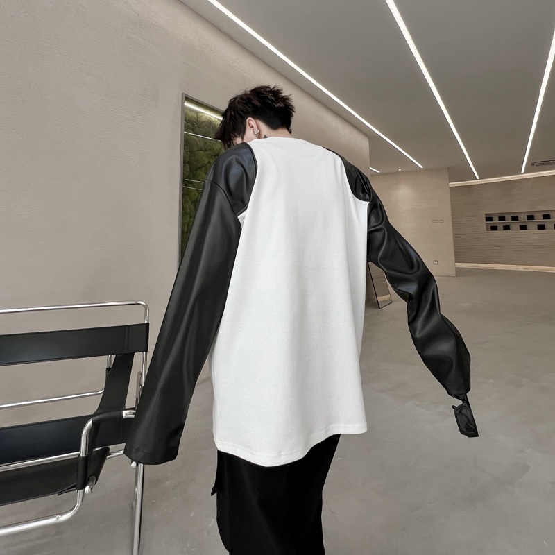 Áo Thun Tay Dài Cổ Tròn In Họa Tiết Kim Loại Phối Da Thời Trang Mùa Thu Mới Cho Nam