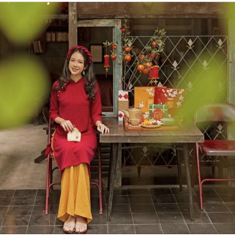 áo dài Tết vintage tay lỡ quần suông Yên Xuân cổ tàu đỏ vàng cách tân cao cấp dạ hội dự tiệc đám cưới đi biển bigsize