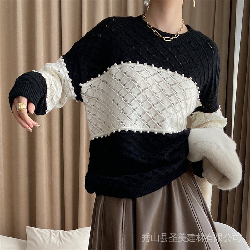 Áo Sweater Dệt Kim Cổ Tròn Dáng Rộng Đính Hạt Màu Sắc Tương Phản Thời Trang Thu Đông 2022 Mới Cho Nam Và Nữ