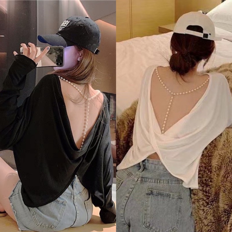 Áo Thun phông giấy mỏng oversize dáng rộng - kiểu xoắn lưng mix dây ngọc hở lưng sexy alohashop91