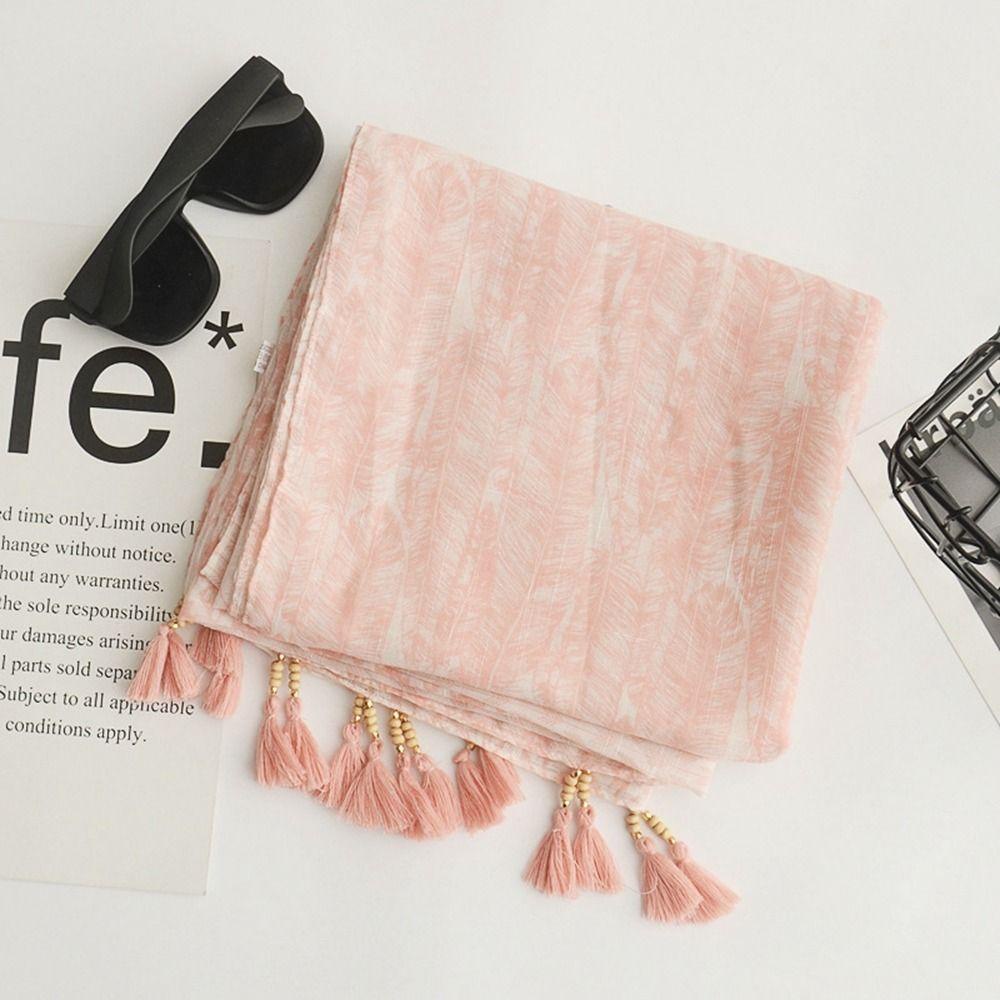 Wmes15h Khăn Choàng Cotton Lanh Cỡ Lớn In Họa Tiết Hạt Gỗ Phối Tua Rua Phong Cách Bohemian Đơn Giản