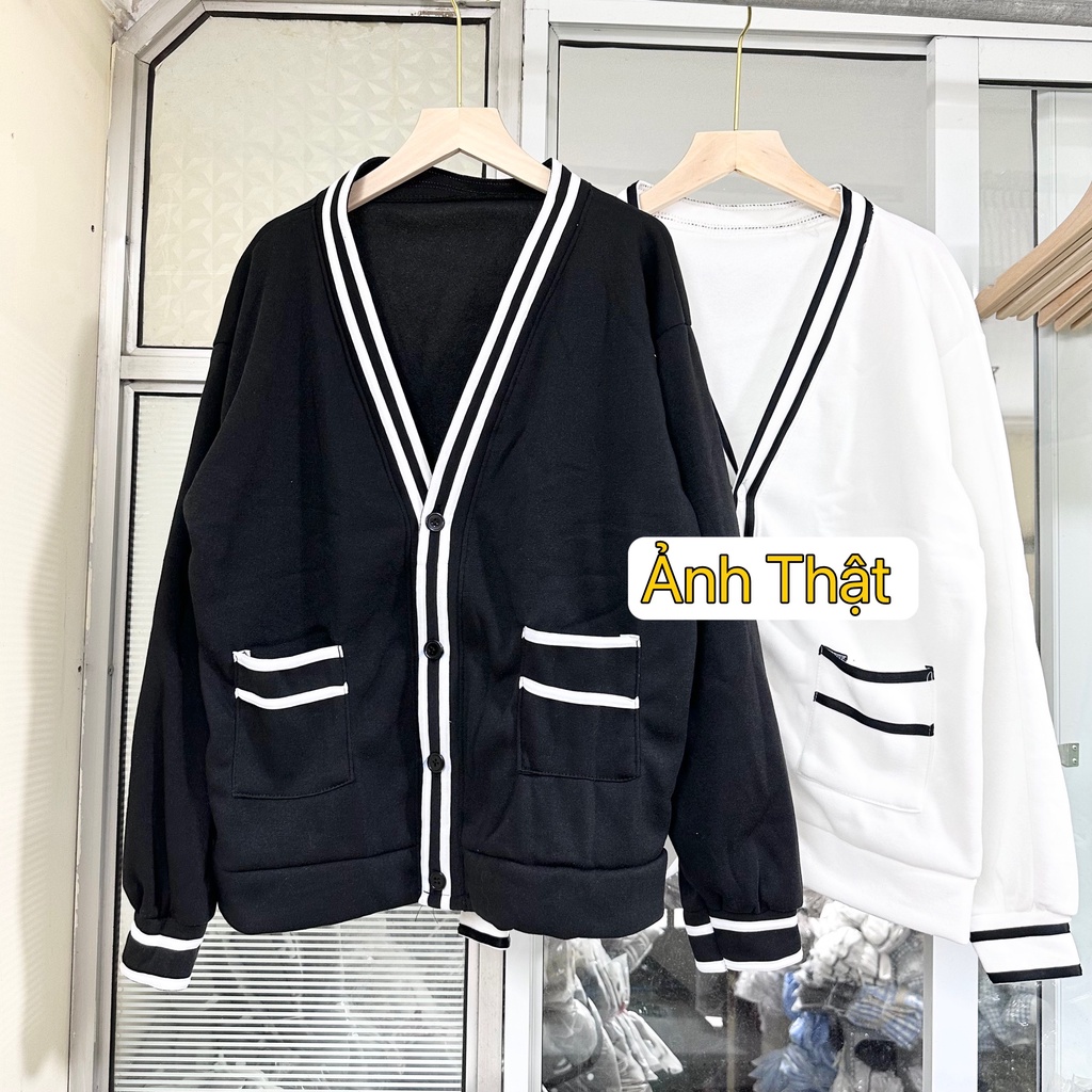 ÁO CARDIGAN, ÁO KHOÁC Nữ Form Rộng  Viền Túi Đen Trắng