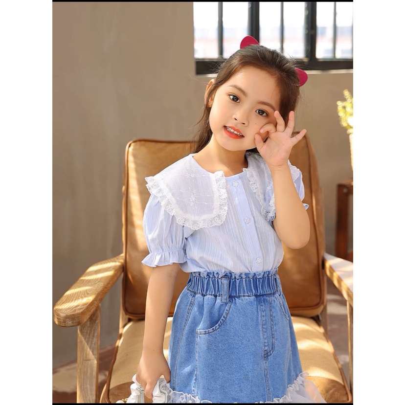 Set áo tiểu thư và chân váy may ren đính ngọc