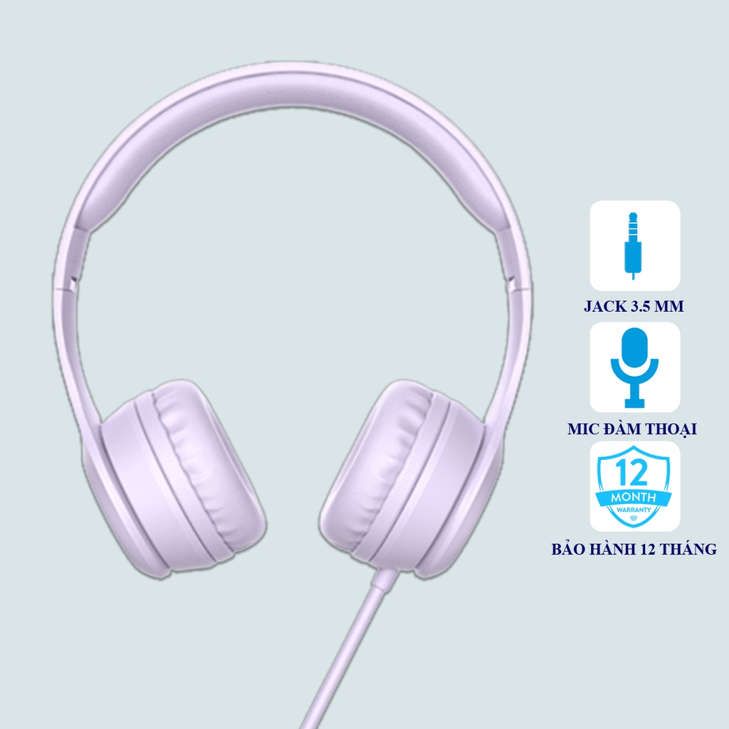 Tai nghe Hoco W21 tím kết nối jack 3.5mm, mút đệm hạn chế âm thanh phát ra, giảm đau tai, dây dài 1.2m