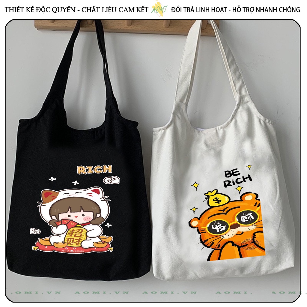 TOTE CANVAS TẾT NĂM MỚI 2023 QUÝ MÃO MÈO FORM TRÒN TÚI VẢI ĐEO VAI BAG NÚT BẤM SIZE LỚN AOMIVN DU LỊCH DẠO PHỐ CÁ TÍNH