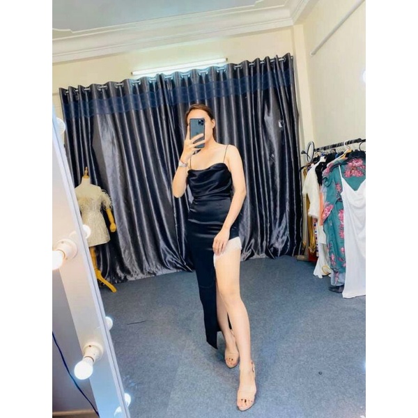 Đầm body dạ hội phối tua rua đính đá pha lê 1 bên