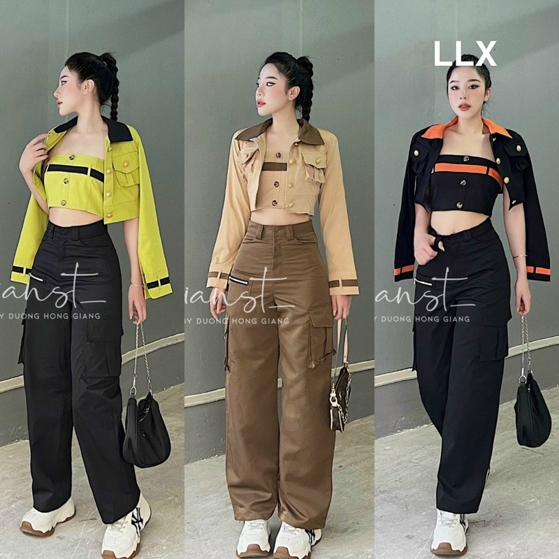 Sét bộ 3 sản phẩm áo quây kèm đai + áo khoác + quần ống rộng dành cho cô nàng cá tính