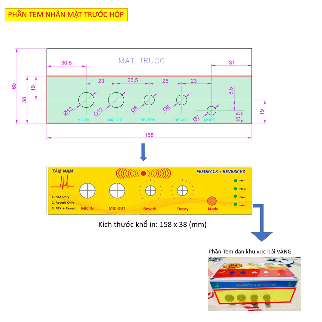 Bộ Tem Dán Hộp Chống Hú Reverb V3 Tâm Nam Kích Thước Hộp 158x90x60mm