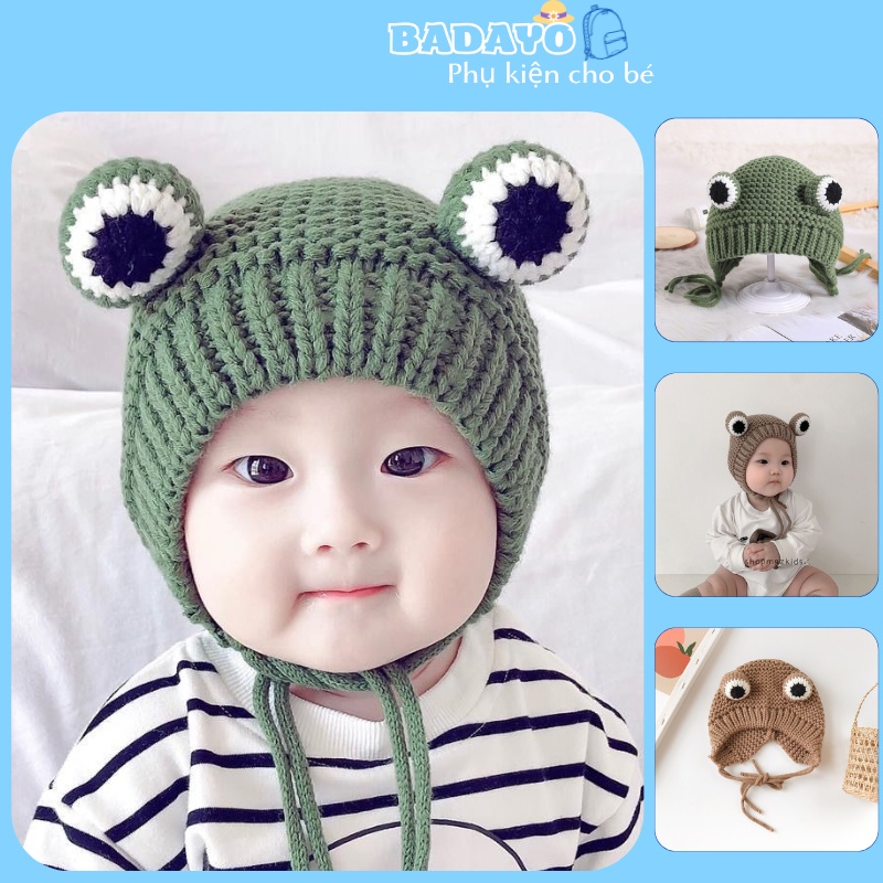 Mũ cho bé mũ chùm đầu chất len cao cấp có dây buộc cố định hình ếch con đáng yêu BADAYO
