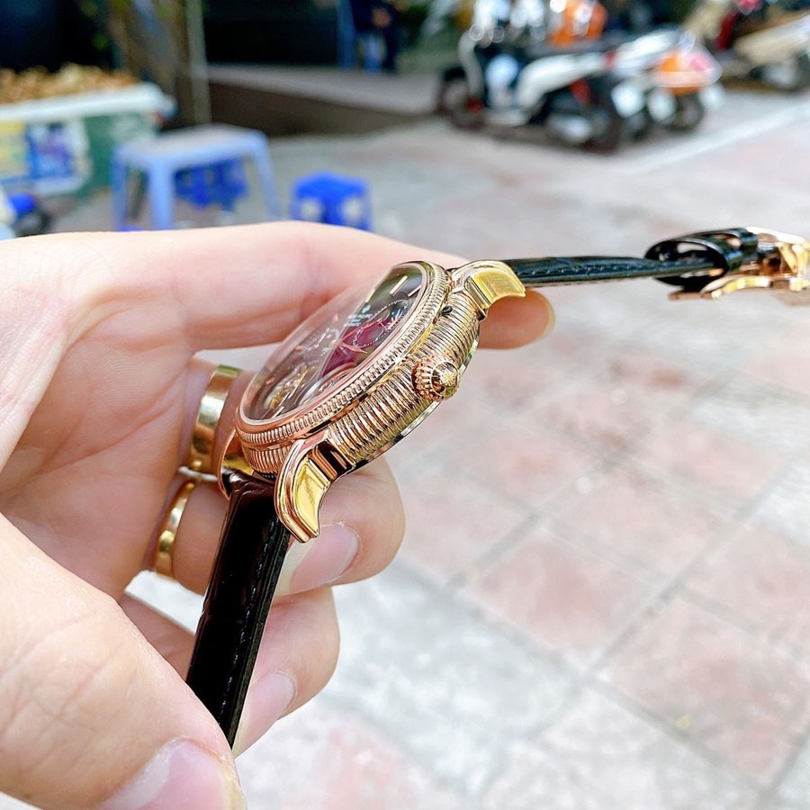 Đồng hồ Nam Patek 2 tim máy nhật, mặt đen viền vàng, dòng cơ Automatic size 42mm