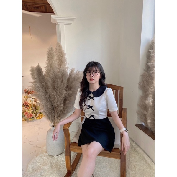 Đầm Cổ Bèo Phối Đen Trắng (ẢNH THẬT)