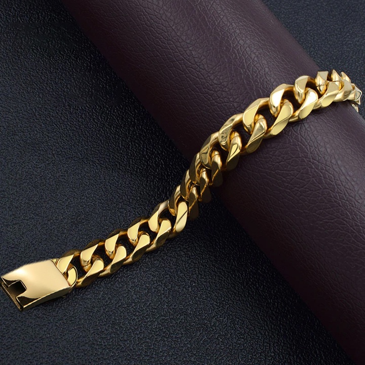 Lắc tay nam lặc đơn loại to 15mm vát cạnh mạ vàng kết hợp khóa hộp thời trang đem lại đẳng cấp, phong độ cho người đeo