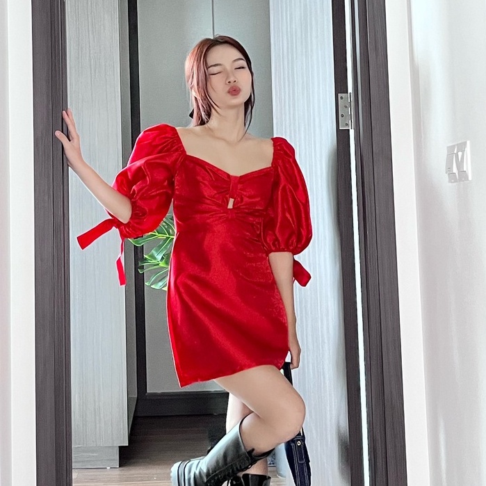 Đầm SheByShj tafta đỏ tay phồng - Red Charlotte Dress