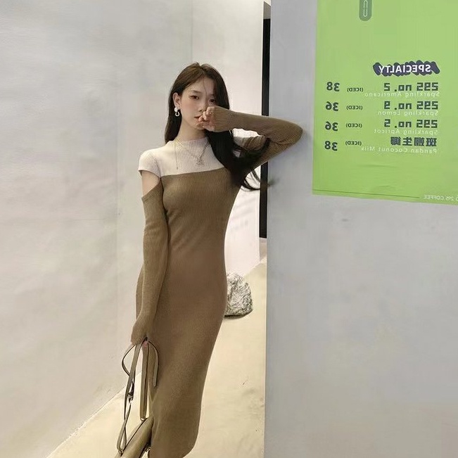 Đầm SUXI tay dài dệt kim ôm dáng phối hai màu cổ điển thời trang thu đông dành cho nữ