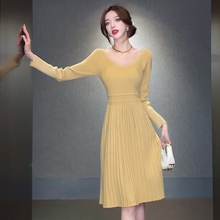 Đầm Sweater Dệt Kim Xếp Ly Thiết Kế Thanh Lịch Cho Nữ