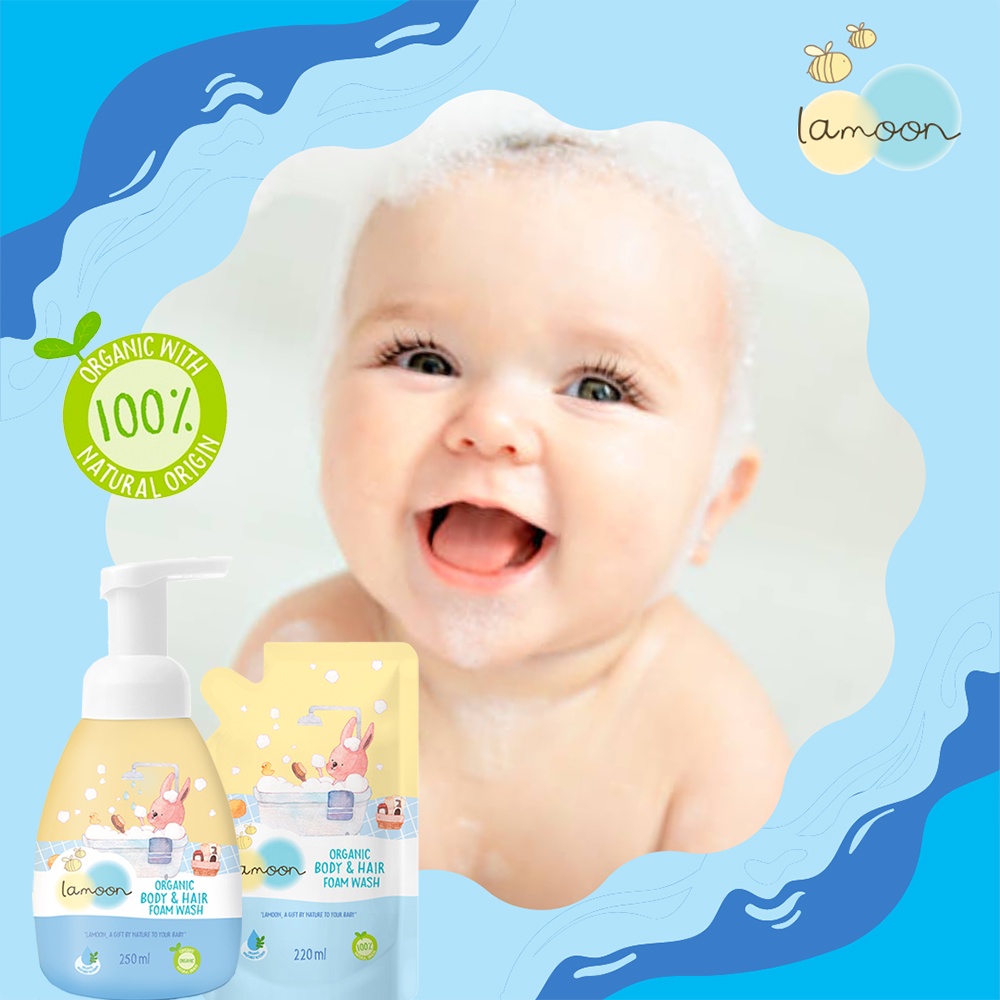 COMBO Sữa tắm gội Organic cho bé từ sơ sinh dạng bọt Lamoon dạng Bình 250ml + Túi refll 220ml