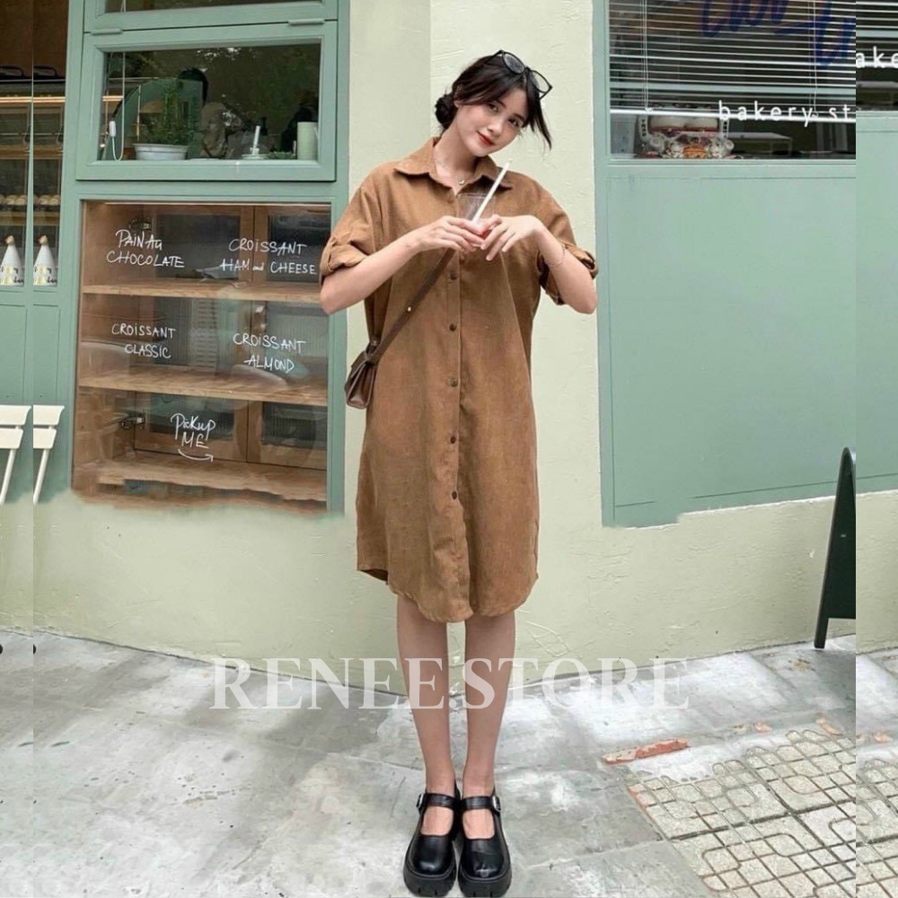 Váy sơ mi nhung tăm dáng dài, váy suông ngắn tay khuy gỗ - VS10