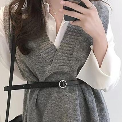 Áo dệt kim SUXI không tay phối thắt lưng phong cách Hàn Quốc thời trang thu đông cho nữ