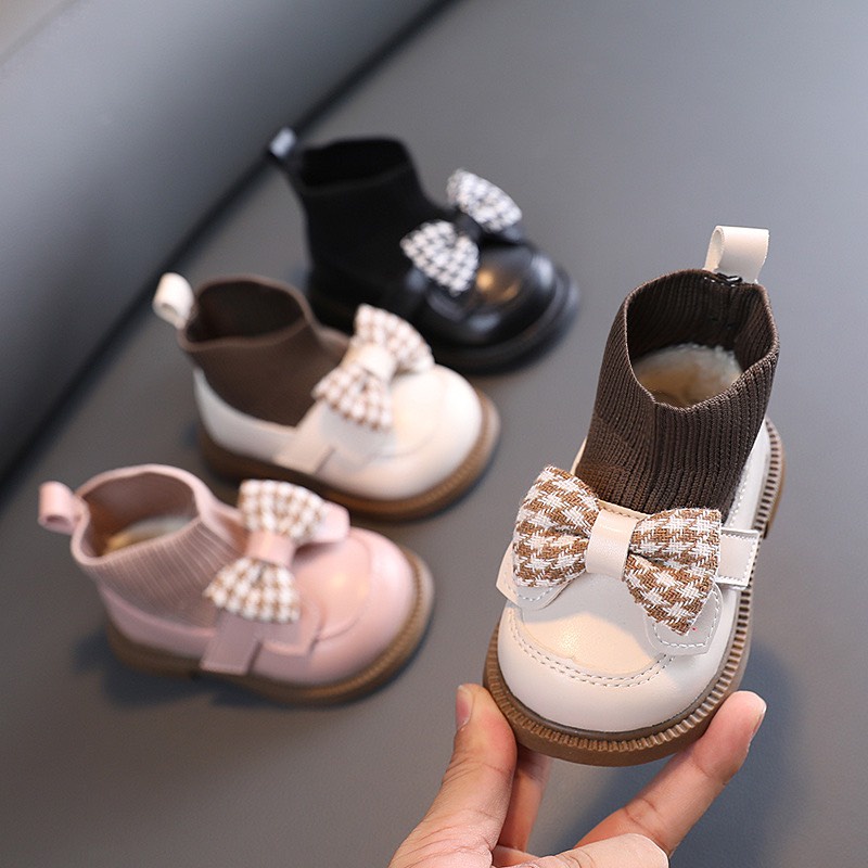 Bốt Len Cao Cổ - Giày Cao Cổ Đính Nơ Da PU Siêu Mềm Size 16-26 M049