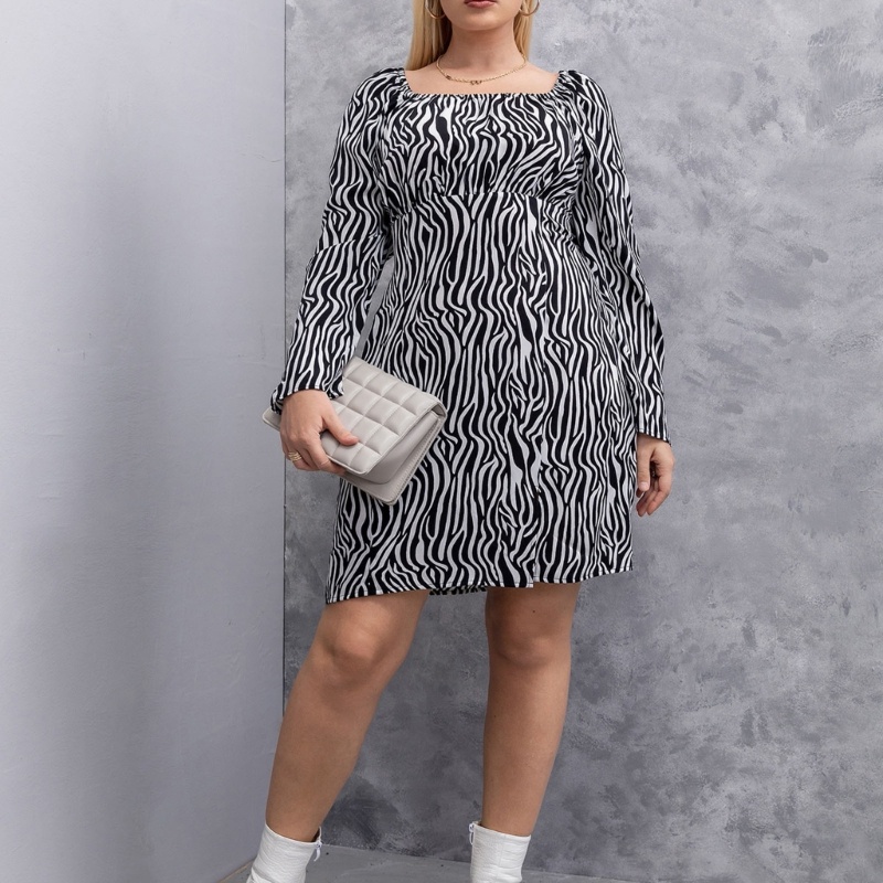 Đầm Midi Tay Dài Cổ Vuông Lưng Cao Họa Tiết Sọc Ngựa Vằn Phong Cách Vintage Cho Nữ