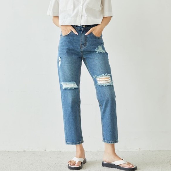 Weier.Q - Quần Jeans Cotton Nữ Form Straight Jeans Rách Lưng Cao Ống Đứng Màu Blue (WMRJ-02)
