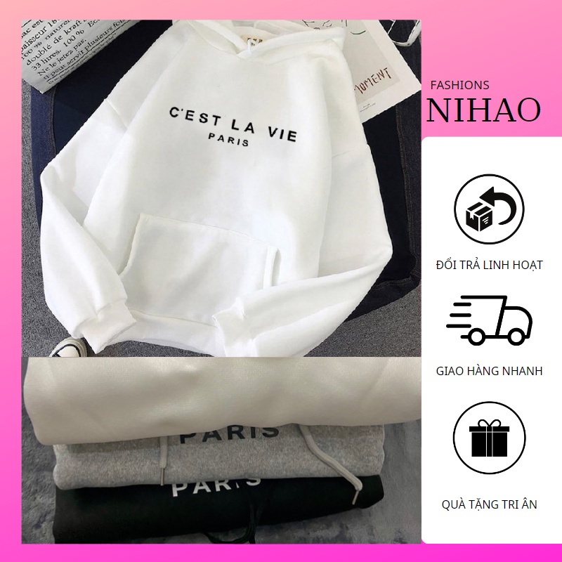 Áo hoodie giá rẻ , from nhỏ dưới 55kg , 3 màu trắng , đen , xám mẫu Paris cho nam nữ phong cách đơn giản ngọt ngào