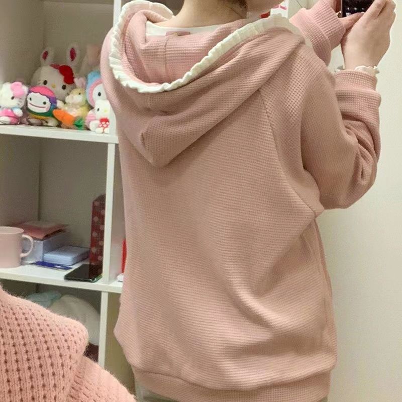 Áo Khoác Hoodie Dáng Rộng Có Khóa Kéo Thêu Họa Tiết Màu Hồng Thời Trang Nhật Bản Mới Cho Nữ