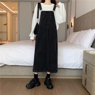 [Sẵn] Váy Yếm Jean Nữ Hai Dây Dáng Dài Qua Gối Form Rộng Bigsize Retro Kiểu Hàn Quốc Đi Học Đi Chơi Đi Làm Chali Y003