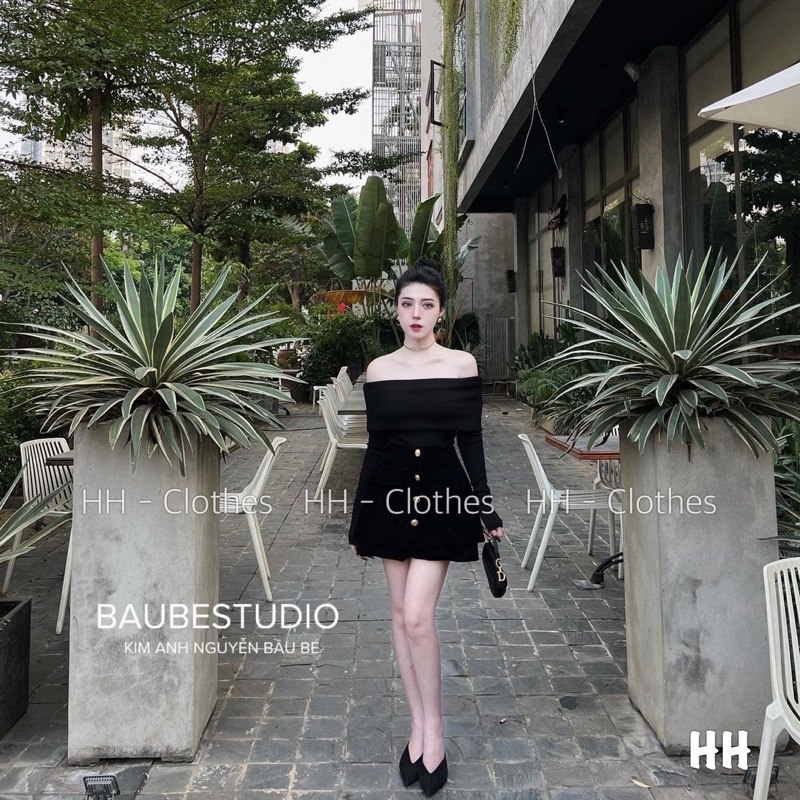 Set cv nhung khuy mix áo trễ vai