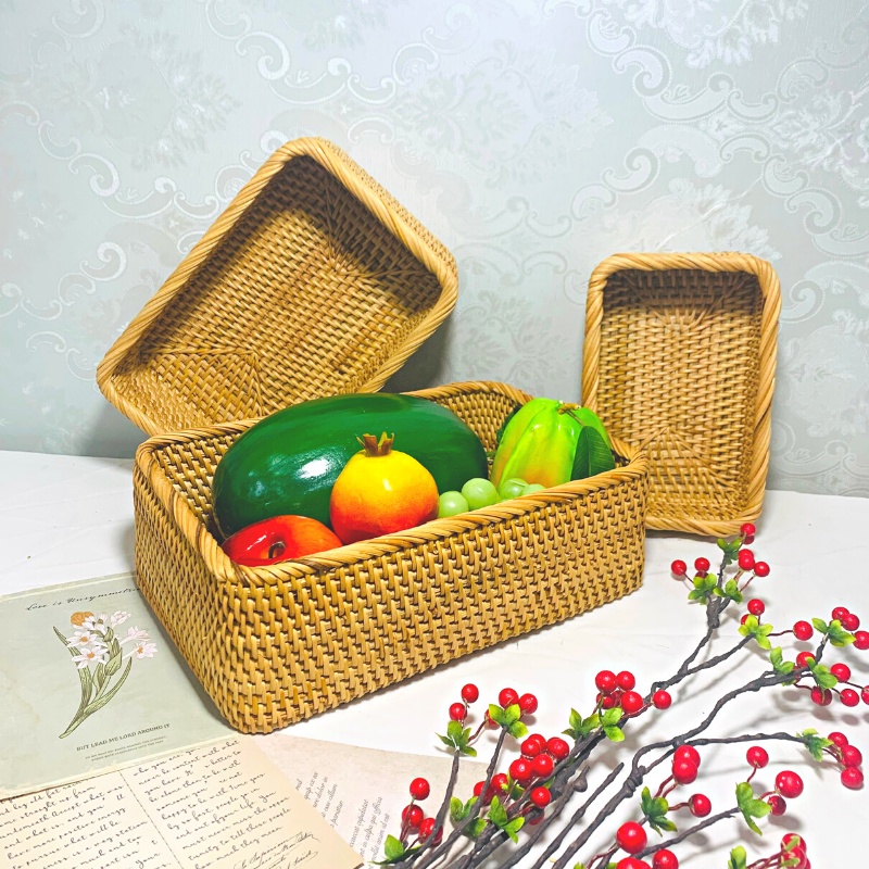 Giỏ mây tre đan hình chữ nhật, khay mây decor, đựng đồ, trang trí nhà cửa