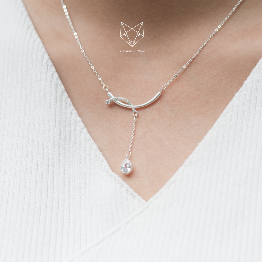 Dây Chuyền Bạc Ta Cao Cấp CaoBac Silver Thiết Kế Thanh Cong Đá Rơi Đính Đá Lấp Lánh Nhẹ Nhàng, Thanh Lịch Cho Bạn Gái