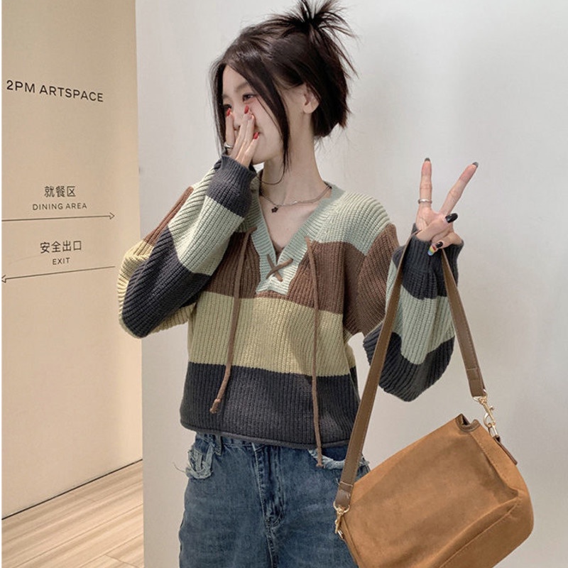 Áo Sweater Tay Dài Kẻ Sọc Màu Sắc Tương Phản Phong Cách Hàn Quốc