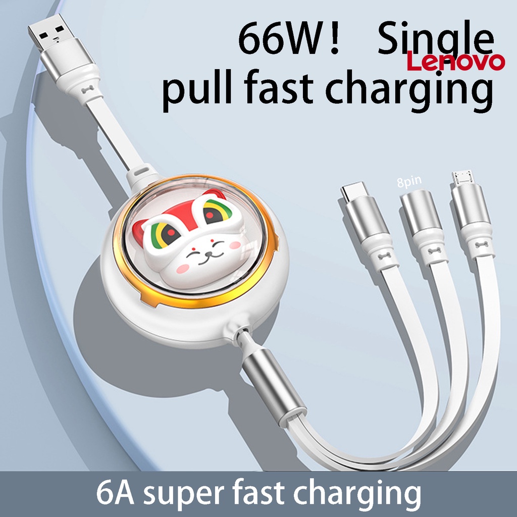 Dây cáp sạc truyền dữ liệu LENOVO KC-5A 3 trong 1 chống rối 8 chấu Type C Micro USB họa tiết mèo may mắn cho điện thoại
