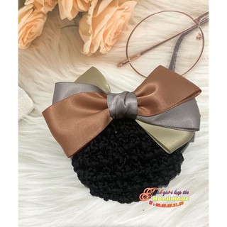 Kẹp búi lưới handmade 3 nơ xoè màu xám tro