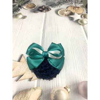Kẹp tóc búi lưới handmade xanh ngọc lồng nơ trắng