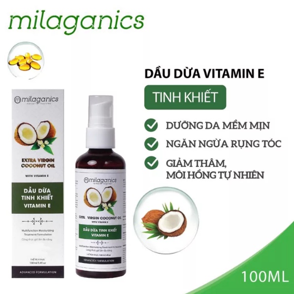 Dầu Dừa Tinh Khiết Vitamin E Milaganics Chai 100ml