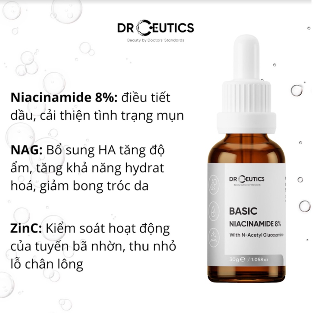 Tinh Chất B3 Niacinamide (8%/12%/15%/20%) DrCeutics Cho Da Dầu Mụn, Mờ Thâm, Sáng Da, Kiềm Dầu 30g