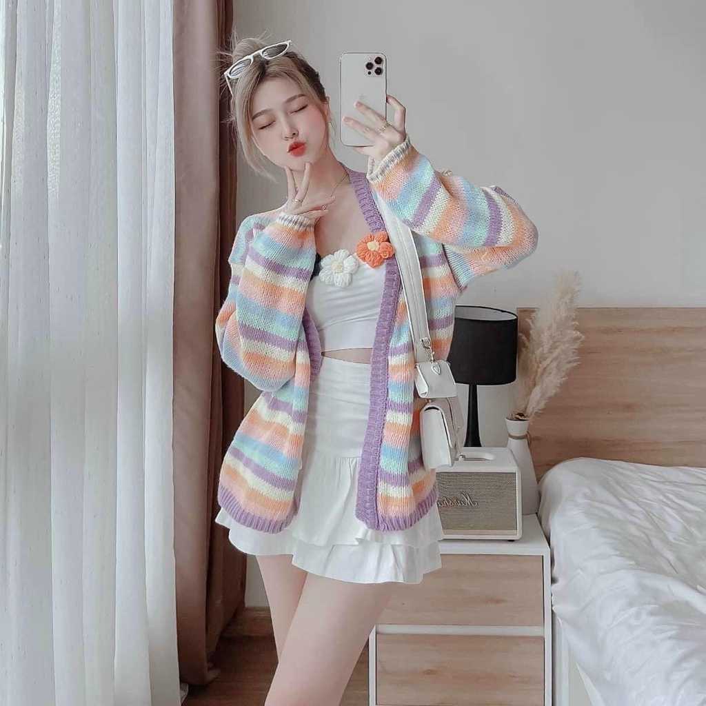 Áo khoác len dệt kim nữ sọc cầu vồng dáng dài