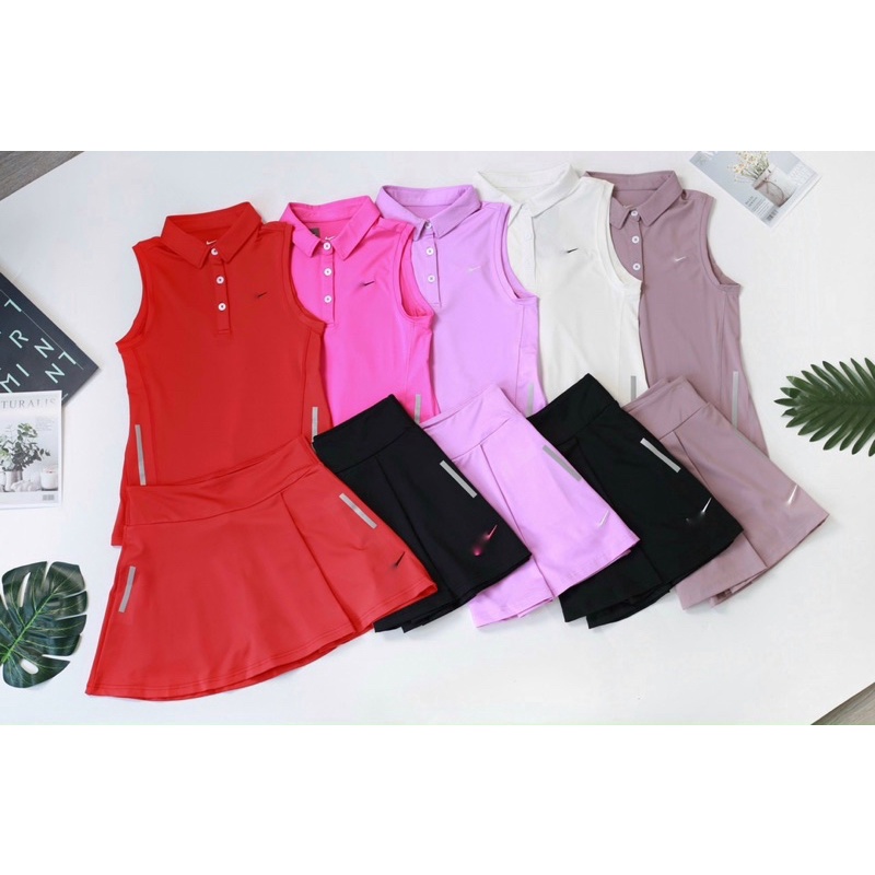 Bộ váy tennis áo có cổ sát nách chân váy xếp ly cách điệu cao cấp