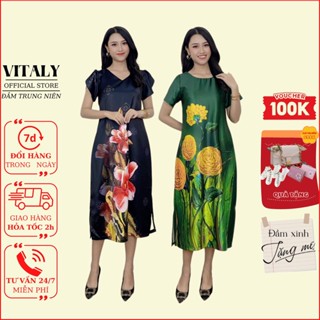 Đầm Trung Niên Sang Trọng Cao Cấp VITALY,Váy Lụa Nữ Cho Mẹ Đẹp Đi Chơi Dự Tiệc Du Lịch Dáng Dài Suông 30,40,50 Tuổi LT01